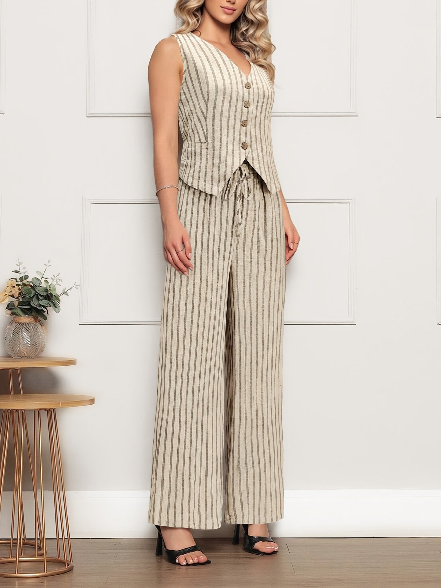 ALVÁREA Linen Striped Vest & Wide-Leg Pants Set
