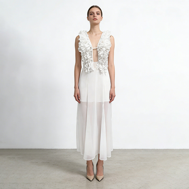 ANGELIQUE Ruffled Plunge Maxi Dress With Sheer Skirt