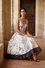 LYRA Sleeveless Printed Satin Maxi Dress With Flared Skirt