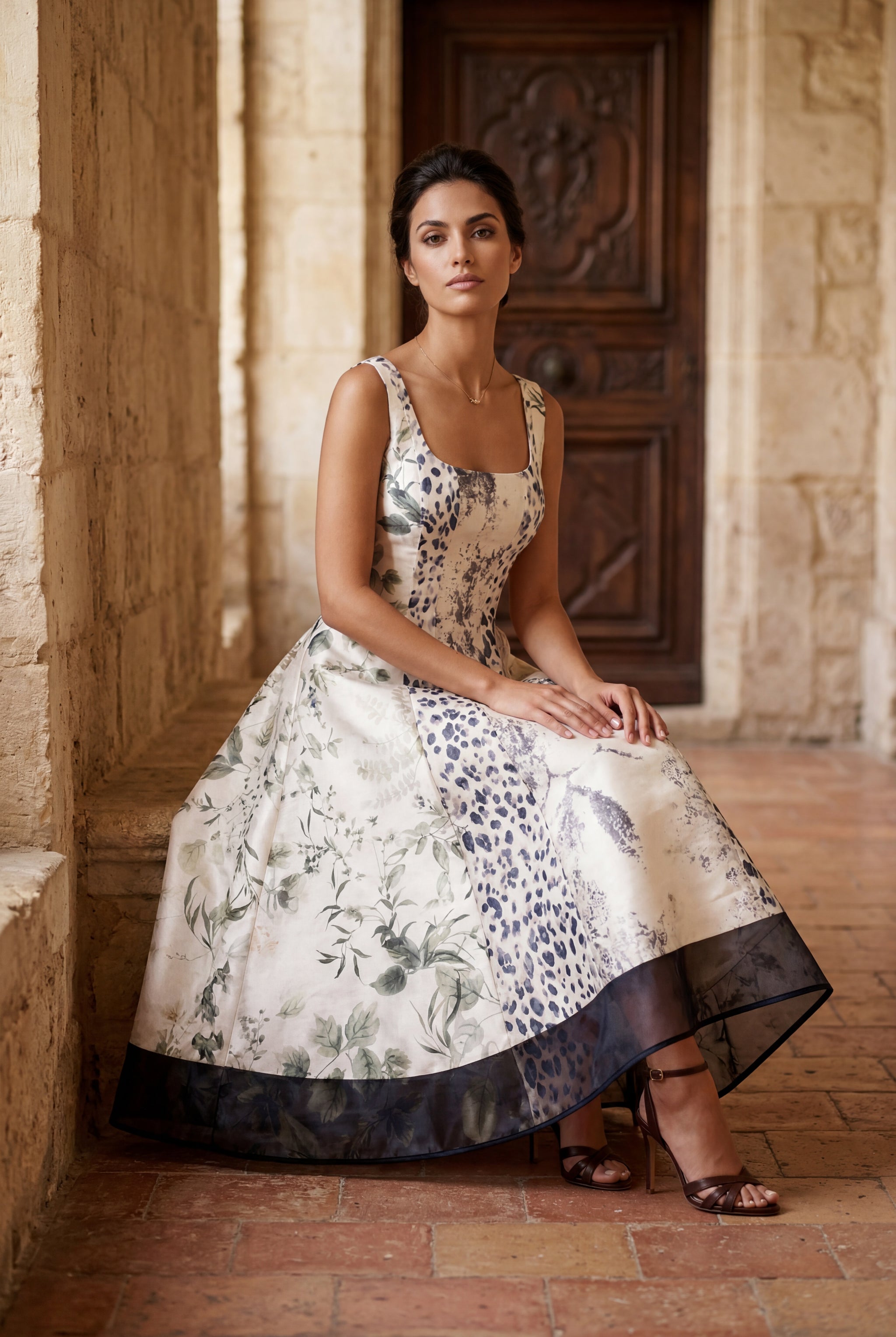 LYRA Sleeveless Printed Satin Maxi Dress With Flared Skirt