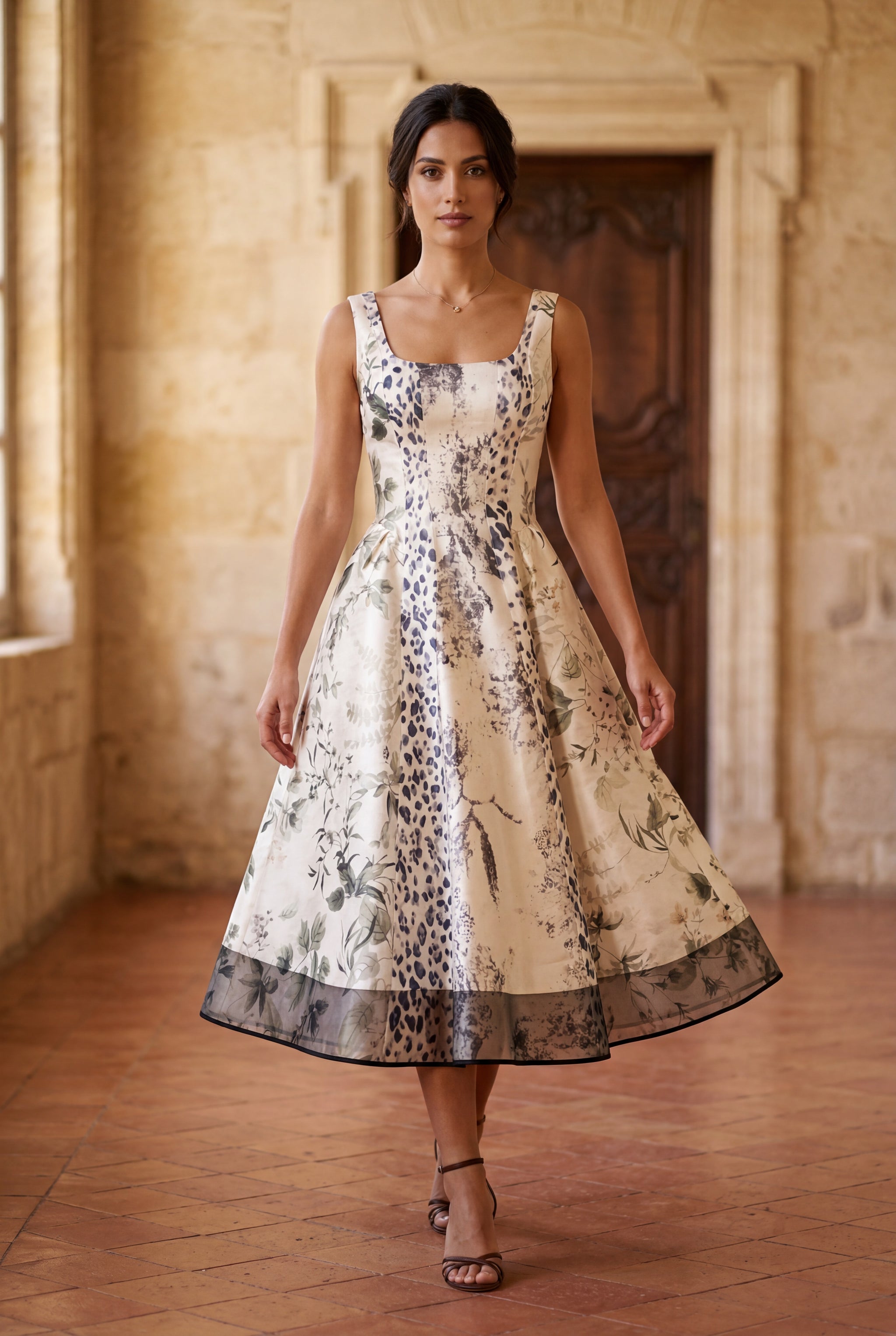 LYRA Sleeveless Printed Satin Maxi Dress With Flared Skirt