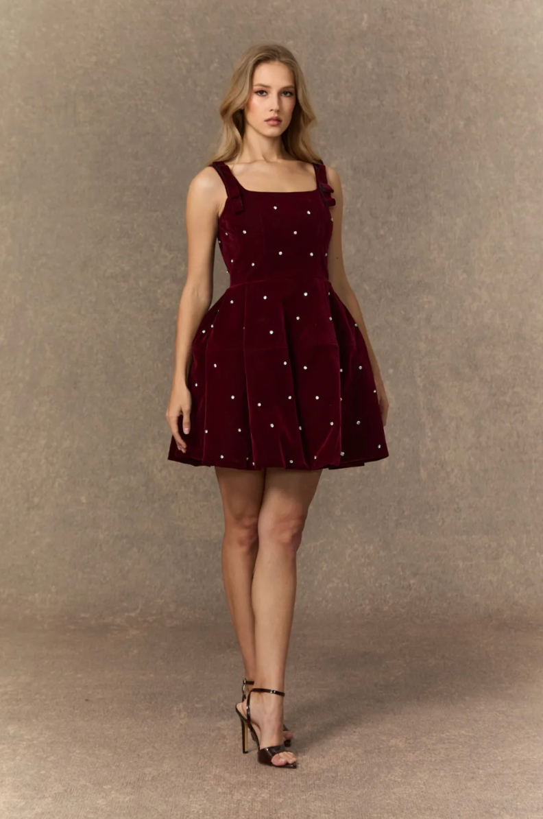 CROWN Crystal Embellished Square Neck Mini Dress