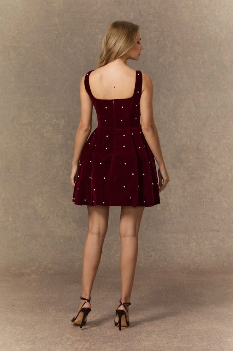 CROWN Crystal Embellished Square Neck Mini Dress