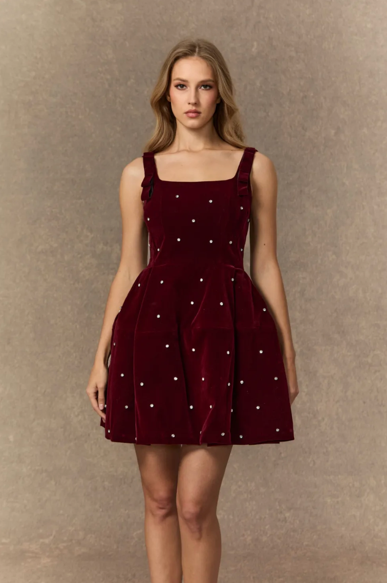 CROWN Crystal Embellished Square Neck Mini Dress