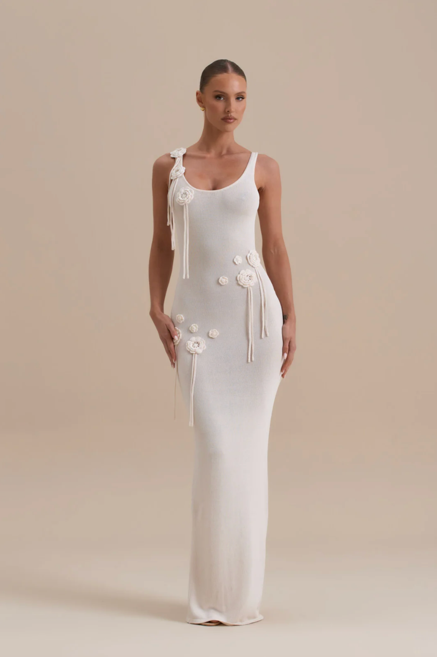 BLOSSOM Floral Appliqué Knit Maxi Dress