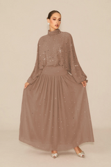 STARDUST High Neck Embellished Maxi Dress With Sheer Skirt