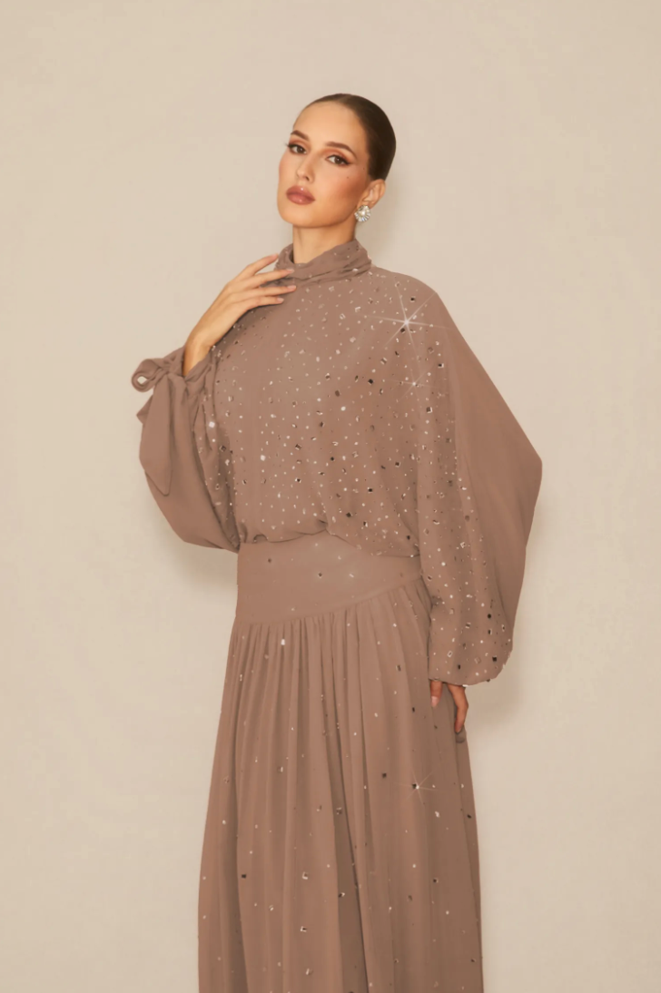 STARDUST High Neck Embellished Maxi Dress With Sheer Skirt