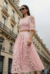 Chic Pink Lace Bell Sleeve Top & Midi Skirt Set