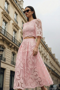Chic Pink Lace Bell Sleeve Top & Midi Skirt Set
